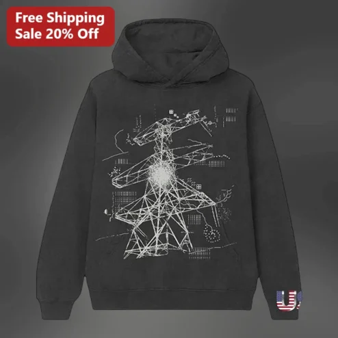 Electrical Pylon Sketch Hoodie Industrial Power Transmission Tower Art for Engineers