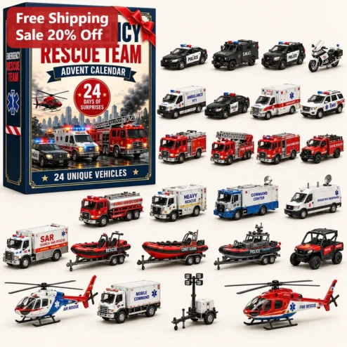 Emergency Rescue Team Toy Set 24 Die-Cast Vehicles Fire Truck Police Car Ambulance Helicopter Advent Calendar Gift for Kids