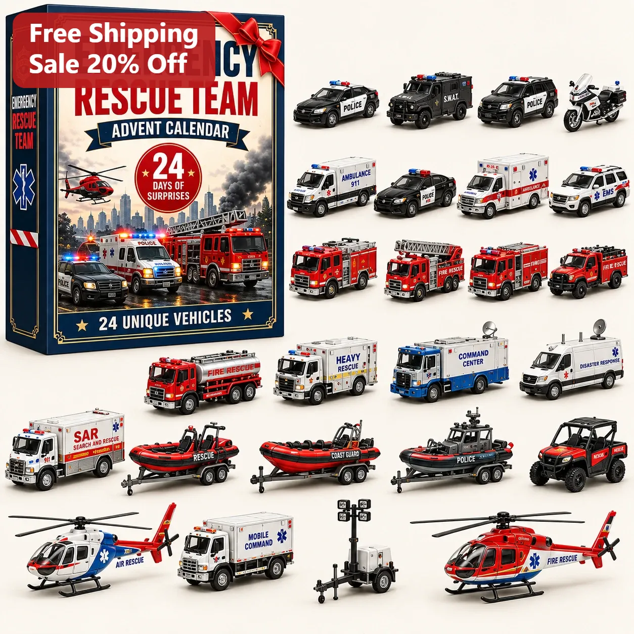 Emergency Rescue Team Toy Set 24 Die-Cast Vehicles Fire Truck Police Car Ambulance Helicopter Advent Calendar Gift for Kids