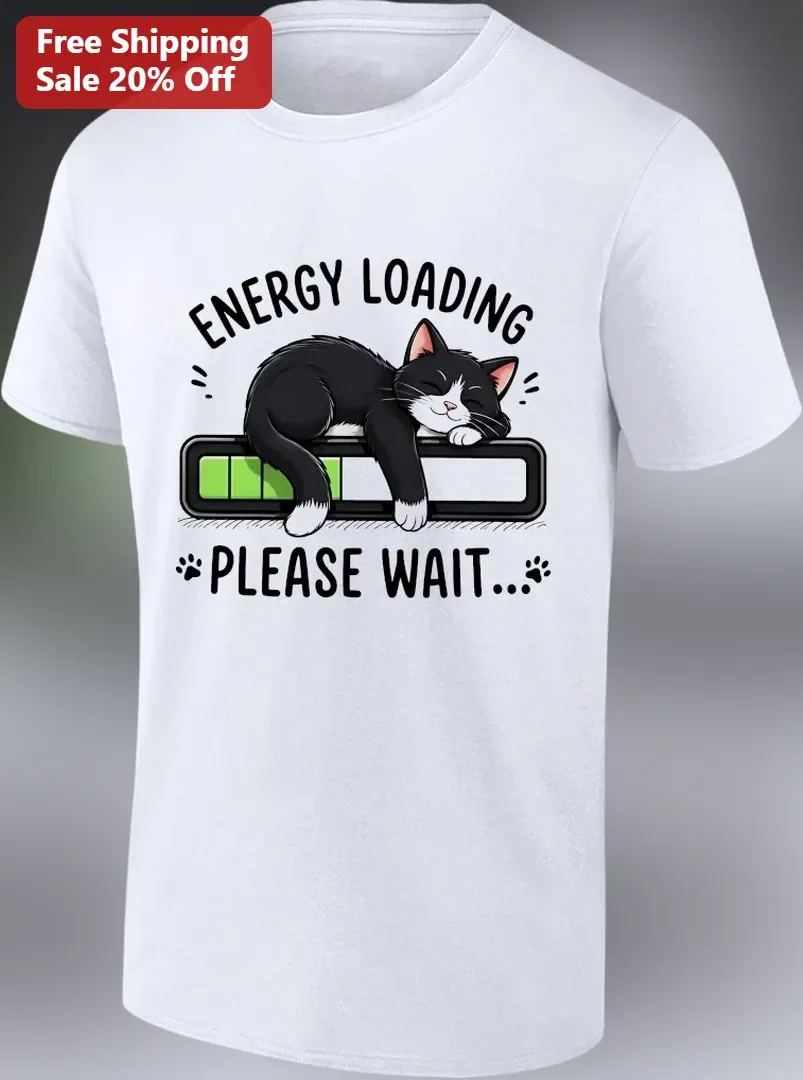 Energy Loading Please Wait Funny Cat Graphic Tee for Introverts