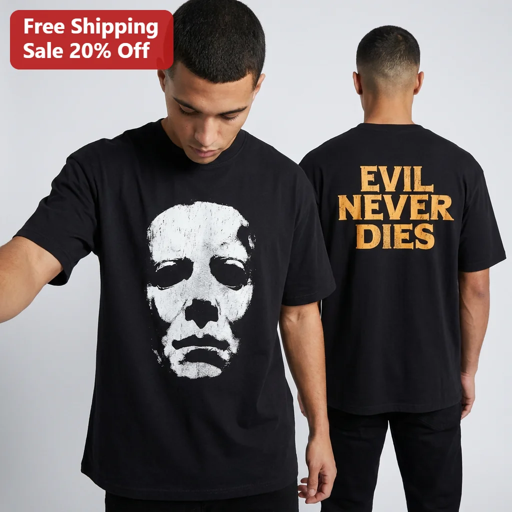 Evil Never Dies Tee Michael Myers Slasher Horror Movie Shirt Vintage Halloween Mask Graphic T-Shirt