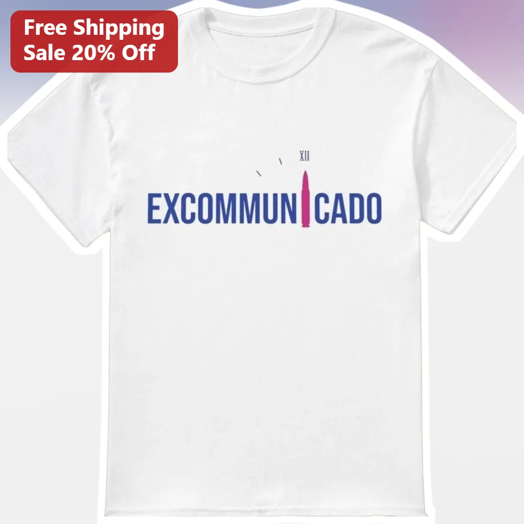 EXCOMMUNICADO Graphic Tee with Bullet Design, Bold Typography Streetwear Shirt for Fans of Narco Aesthetic and Edgy Urban Style