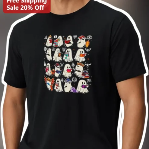 Fantasy Book Ghosts Pattern Tee Cute Reading Ghost Graphic Shirt for Book Lovers Librarians Halloween Gift