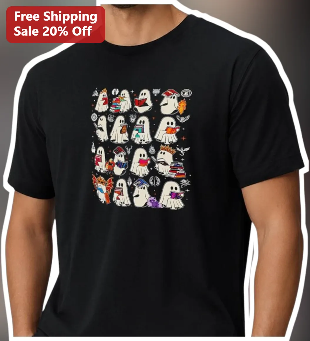Fantasy Book Ghosts Pattern Tee Cute Reading Ghost Graphic Shirt for Book Lovers Librarians Halloween Gift