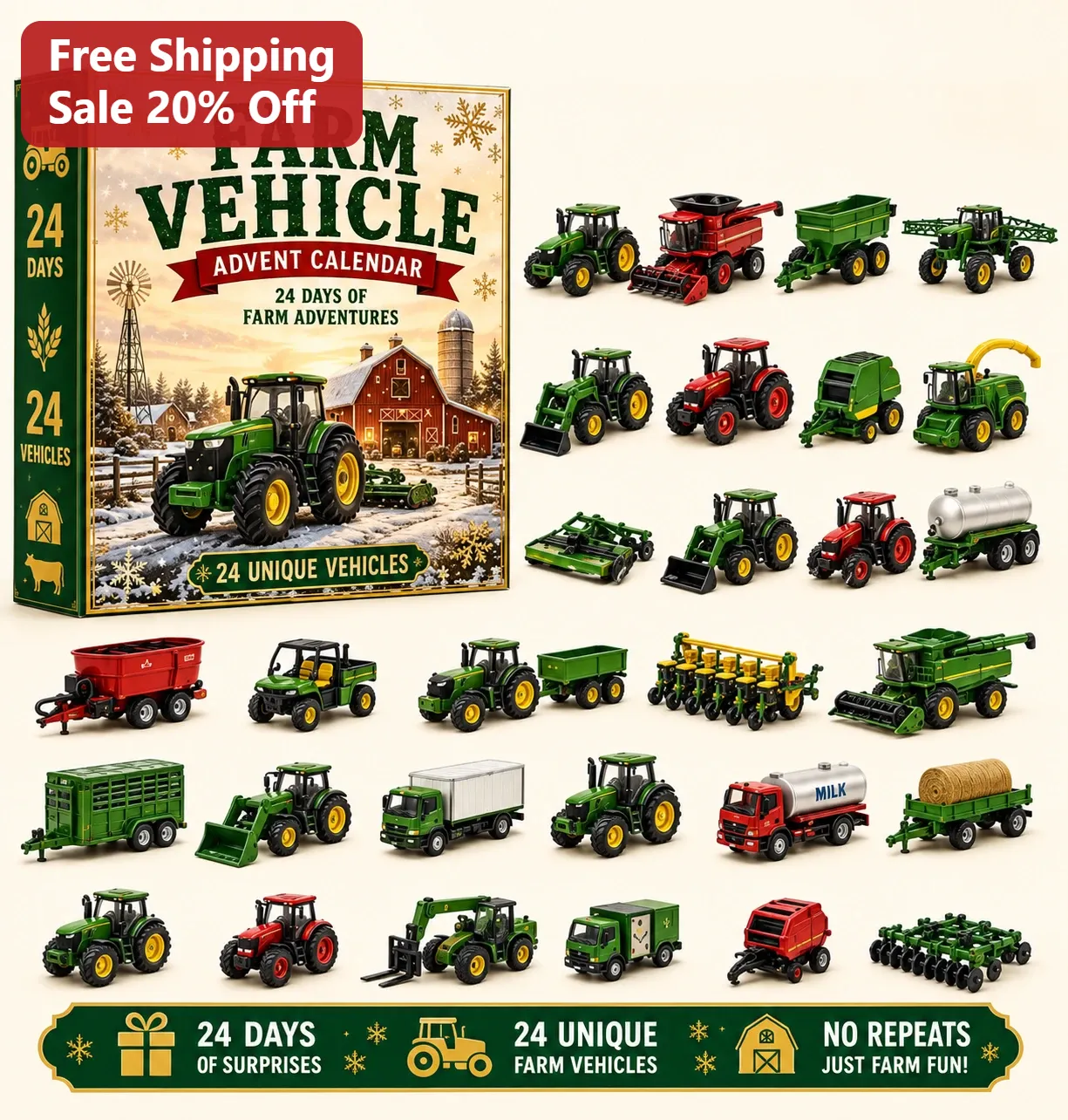 Farm Vehicle Advent Calendar Toy Set 24 Days of Farm Adventures Mini Tractor Truck Countdown Gift for Kids