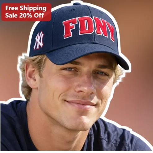 FDNY Cap Navy Blue Baseball Hat with Red Lettering and NY Logo for Firefighters First Responders