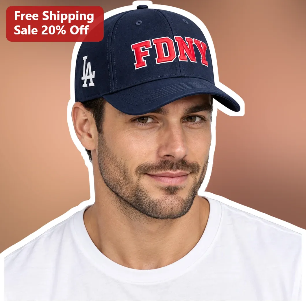 FDNY Hat Navy Blue Baseball Cap with Red Embroidered Text and LA Logo for Firefighters