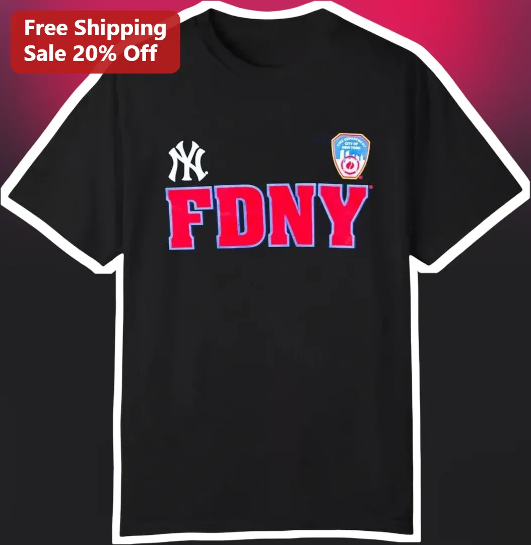 FDNY Varsity Style Graphic Tee New York Fire Department Yankees Logo Black Shirt