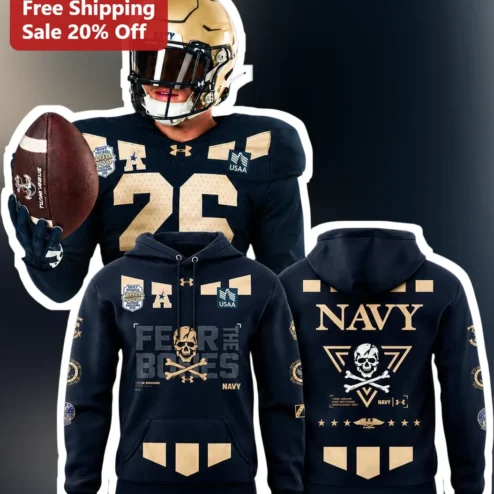 Fear The Bones Navy Hoodie Skull And Crossbones Jolly Rogers Legacy USNA Football Fan Gear