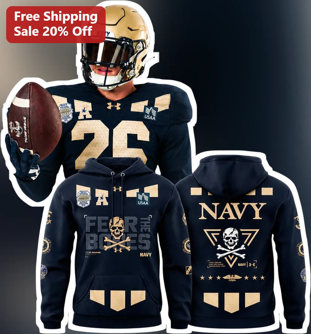 Fear The Bones Navy Hoodie Skull And Crossbones Jolly Rogers Legacy USNA Football Fan Gear