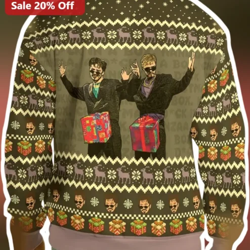 Festive Ugly Christmas Sweater with Two Men Graphic Holiday Knit Pullover for Men