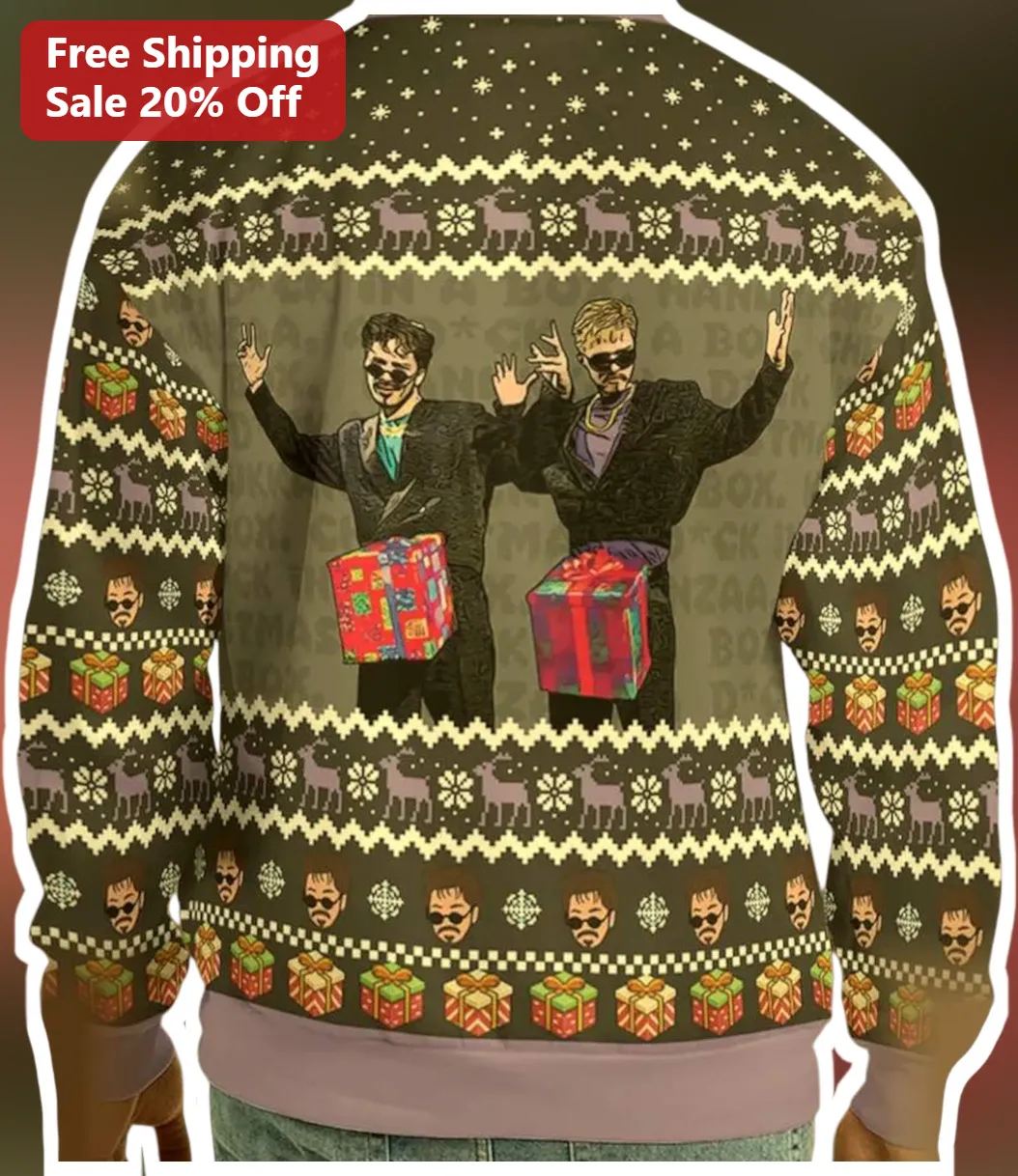 Festive Ugly Christmas Sweater with Two Men Graphic Holiday Knit Pullover for Men