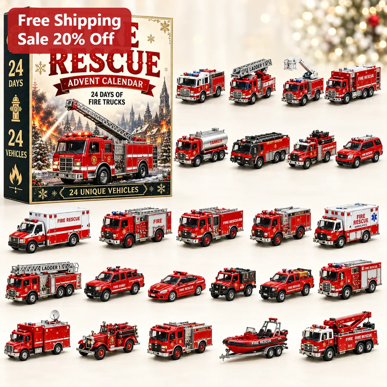 Fire Rescue Advent Calendar Toy Set 24-Day Christmas Countdown Gift for Kids and First Responders