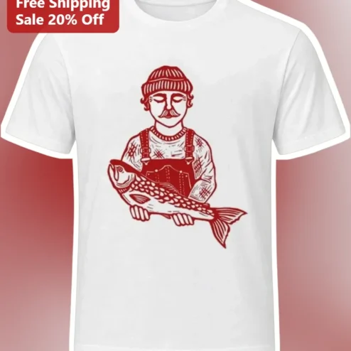 Fisherman Holding Big Catch Woodcut Style Tee Vintage Angler Graphic Shirt Gift for Men
