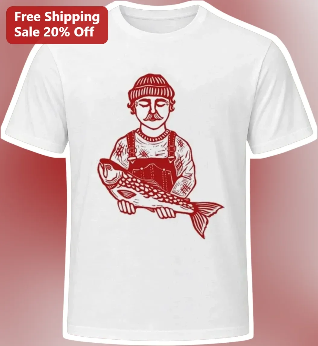 Fisherman Holding Big Catch Woodcut Style Tee Vintage Angler Graphic Shirt Gift for Men