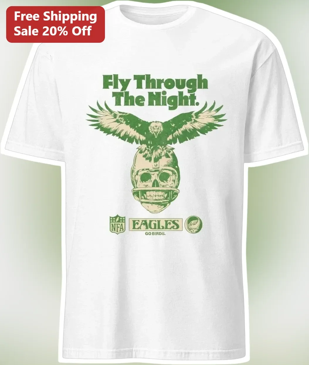 Fly Through The Night Eagles Go Birds Vintage Distressed Skull Football Helmet Graphic Tee