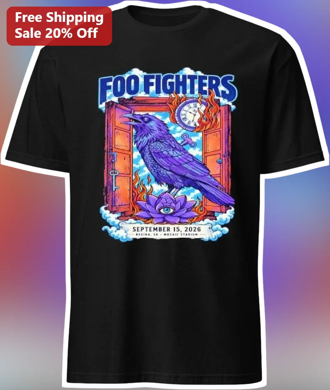 Foo Fighters Psychedelic Raven Graphic Tee Vintage Rock Band Merch