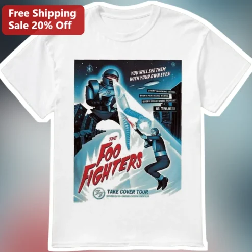 Foo Fighters Take Cover Tour Tee Retro Sci-Fi Robot Graphic Shirt for Rock Fans