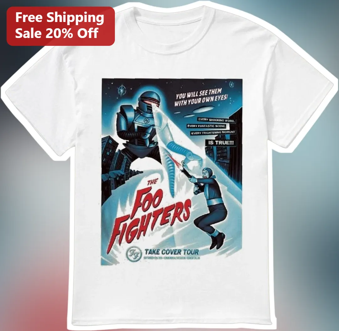 Foo Fighters Take Cover Tour Tee Retro Sci-Fi Robot Graphic Shirt for Rock Fans