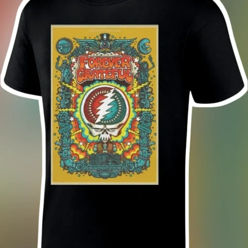 Forever Grateful Tee Psychedelic Steal Your Face Skull Roses Graphic T-Shirt for Deadheads
