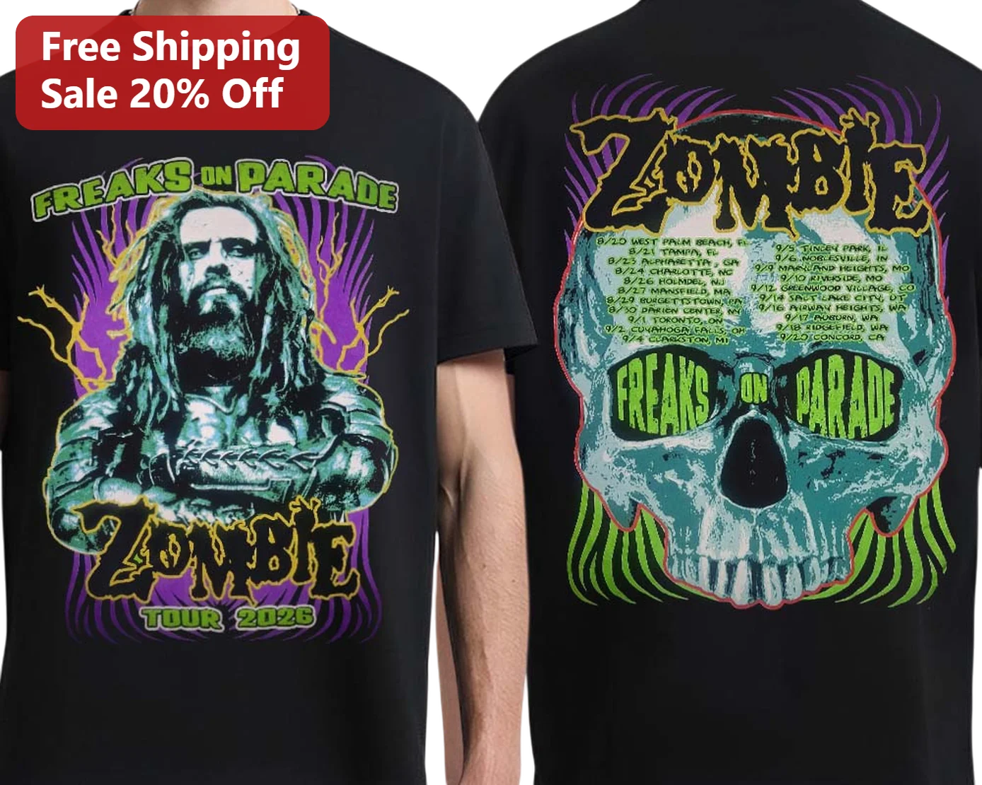 Freaks on Parade Tour 2026 Rob Zombie Graphic Tee Horror Punk Band Shirt