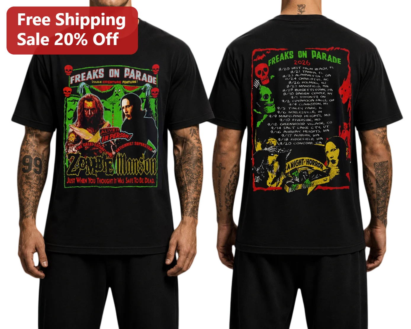 Freaks On Parade Zombie Manson Tee Marilyn Rob Horror Tour Shirt