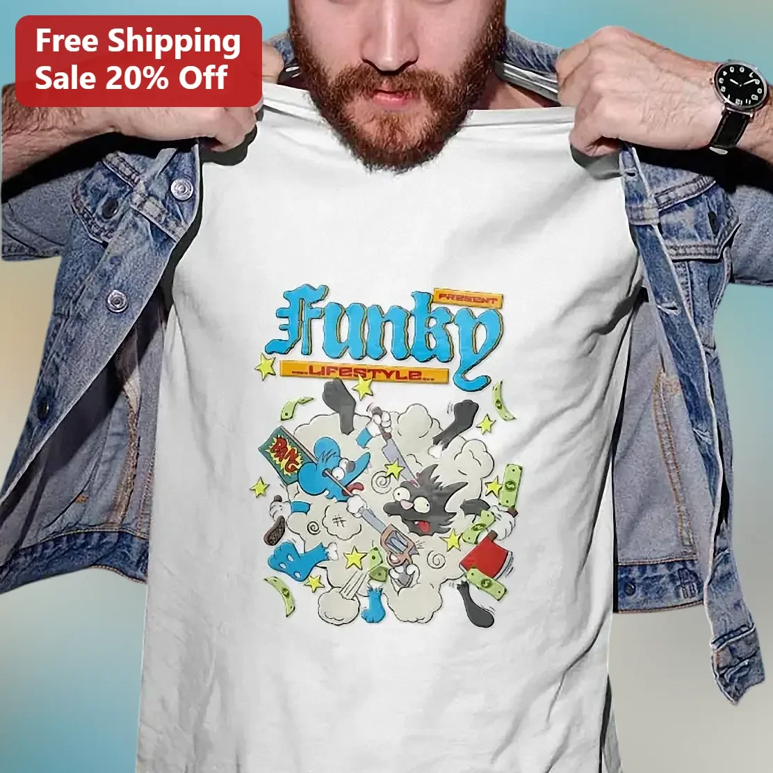 Funky Lifestyle Tee Retro Cartoon Cat Mouse Fight Graphic Shirt Urban Streetwear Gift For Him