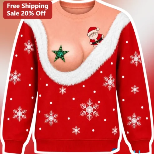 Funny Christmas Sweater Sweatshirt Ugly Holiday Novelty Trompe Loeil Santa Gag Gift for Adults