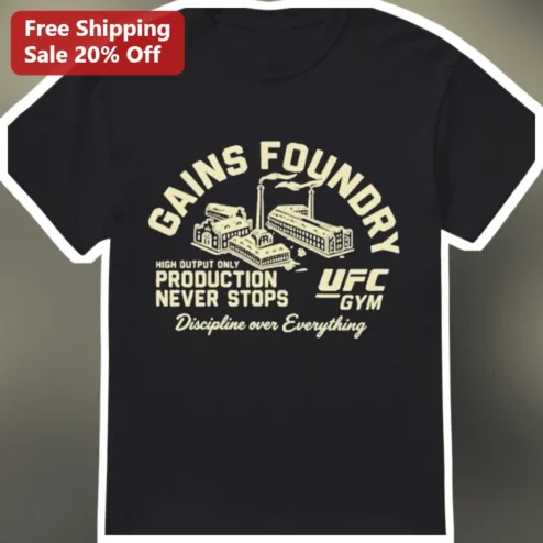 Gains Foundry High Output Only Production Never Stops Discipline Over Everything Vintage Industrial Gym Tee