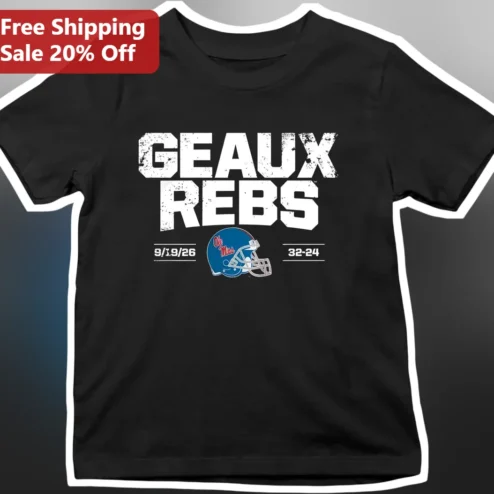 GEAUX REBS Ole Miss Rebels Football Helmet Distressed Graphic Tee Vintage Game Day Shirt