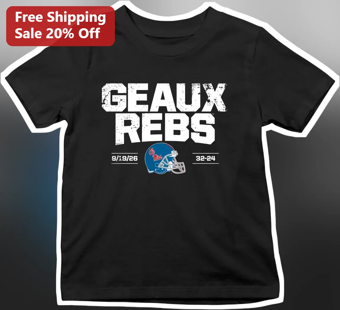 GEAUX REBS Ole Miss Rebels Football Helmet Distressed Graphic Tee Vintage Game Day Shirt