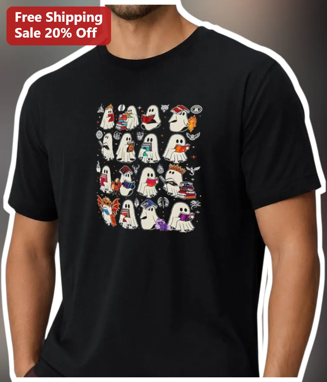 Ghost Reading Books Pattern Cute Spooky Bookworm Graphic Tee for Halloween