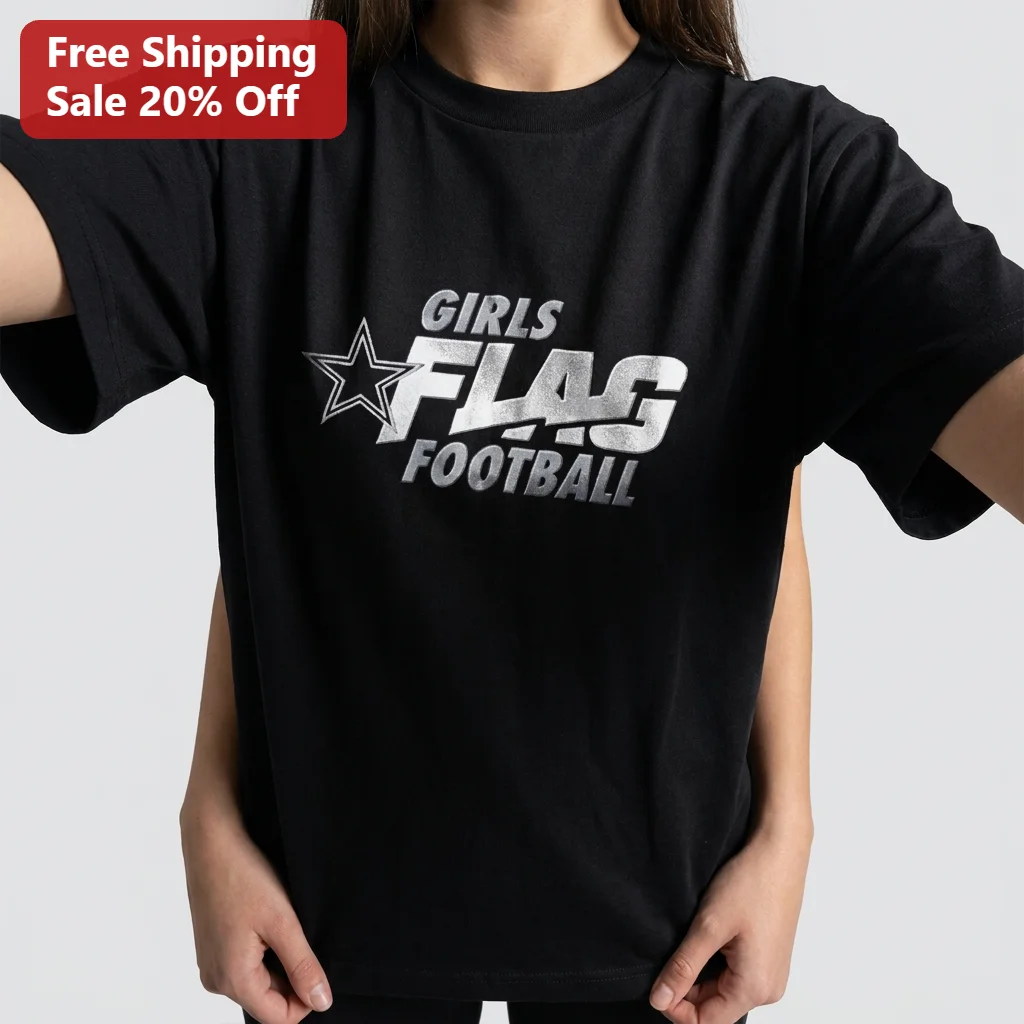 Girls Flag Football Tee Metallic Silver Star Varsity Shirt Game Day Gift for Players Coaches Fans