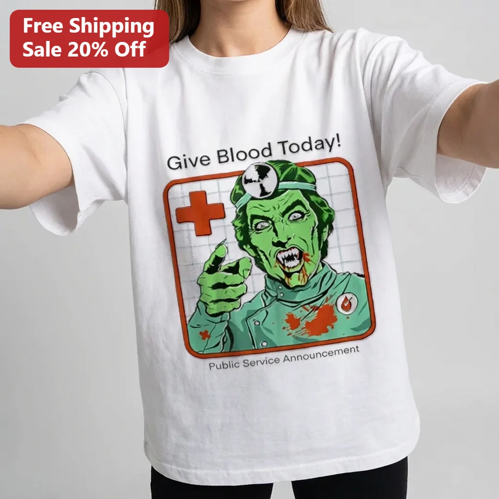 Give Blood Today Zombie Doctor Retro Comic Horror Tee, Funny Medical Public Service Announcement Gift for Nurses and Horror Fans