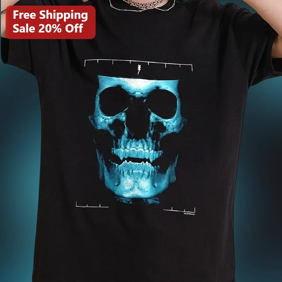 Glowing Cyan Skull X-Ray Graphic Tee Neon Halloween Party Shirt
