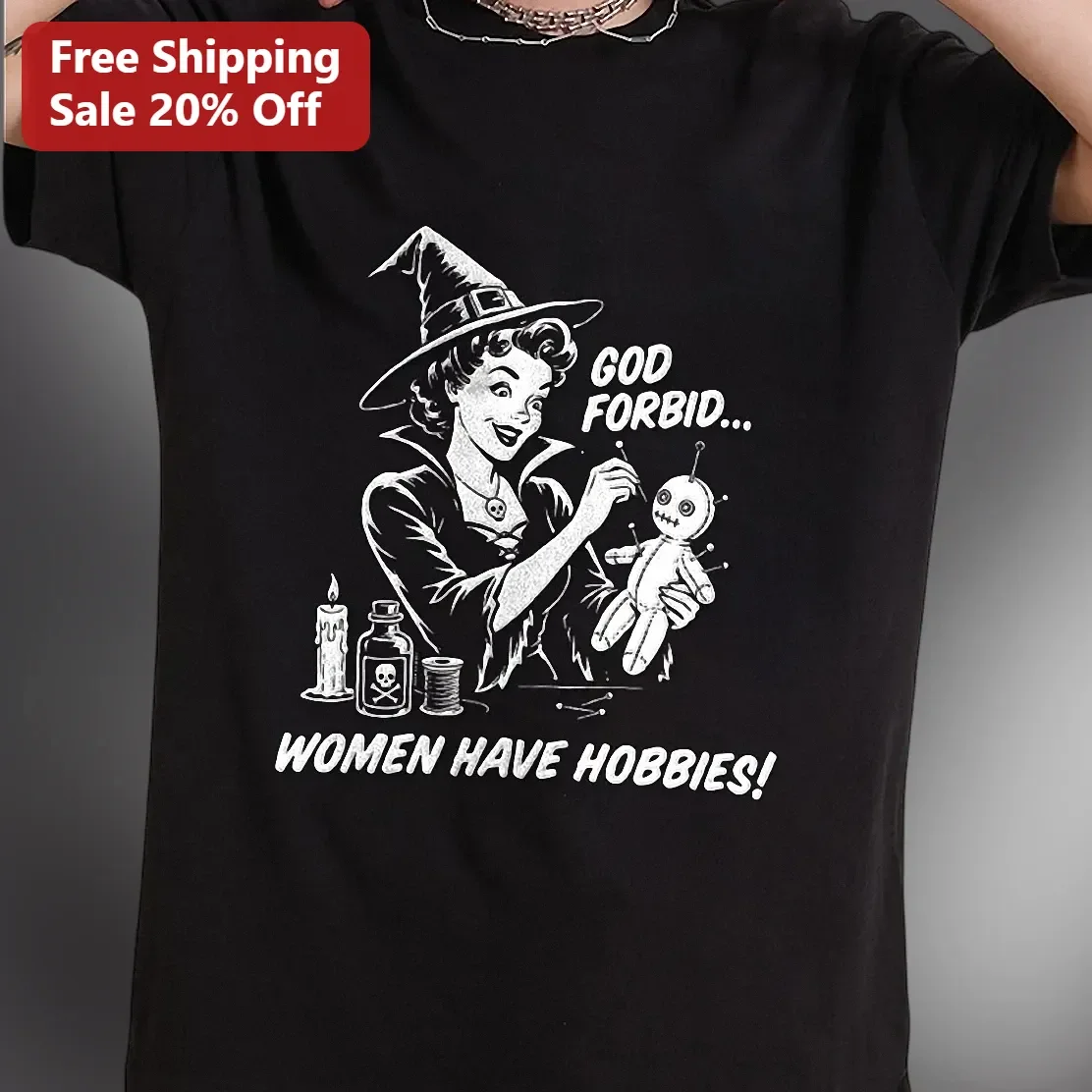 God Forbid Women Have Hobbies Witch Graphic Tee Retro Pin Up Halloween Gift