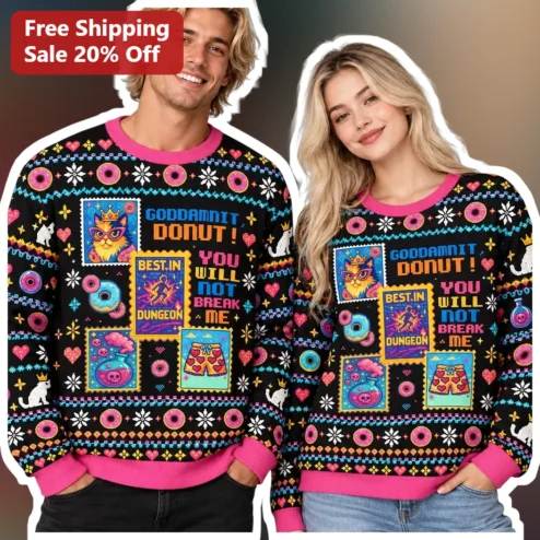 Goddamnit Donut You Will Not Break Me Pixel Art Ugly Christmas Sweater