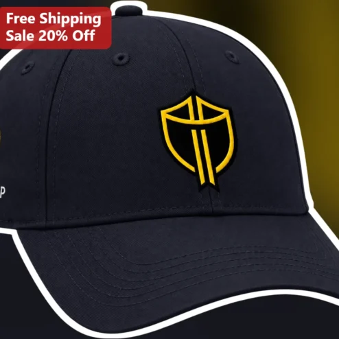 Gold Shield Sword Logo Hat Navy Blue Embroidered Baseball Cap Medieval Fantasy Gaming Clan Emblem Dad Hat