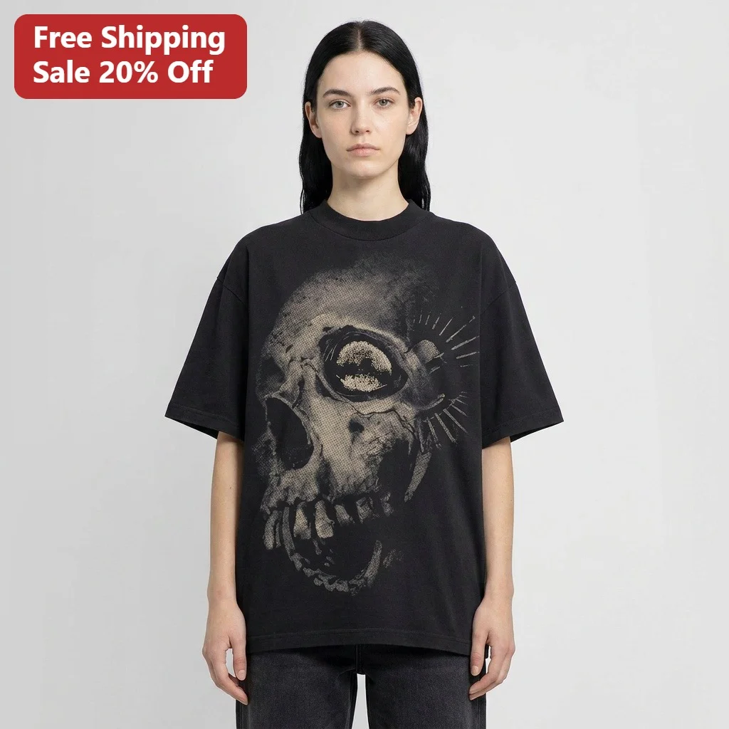 Gothic Alien Skull Graphic Tee Black Short Sleeve Dark Aesthetic Streetwear Shirt