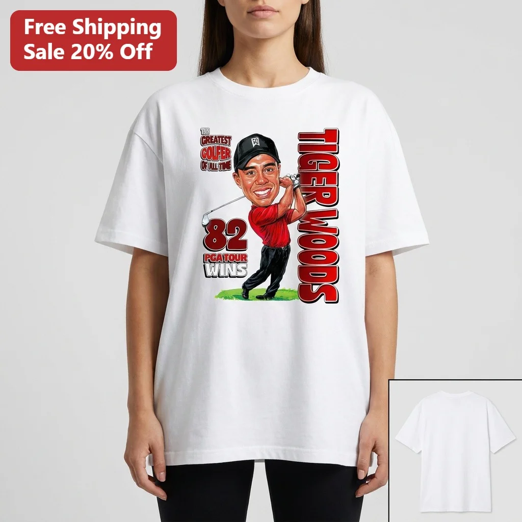Greatest Golfer Of All Time Tiger Woods 82 PGA Tour Wins Caricature Tee