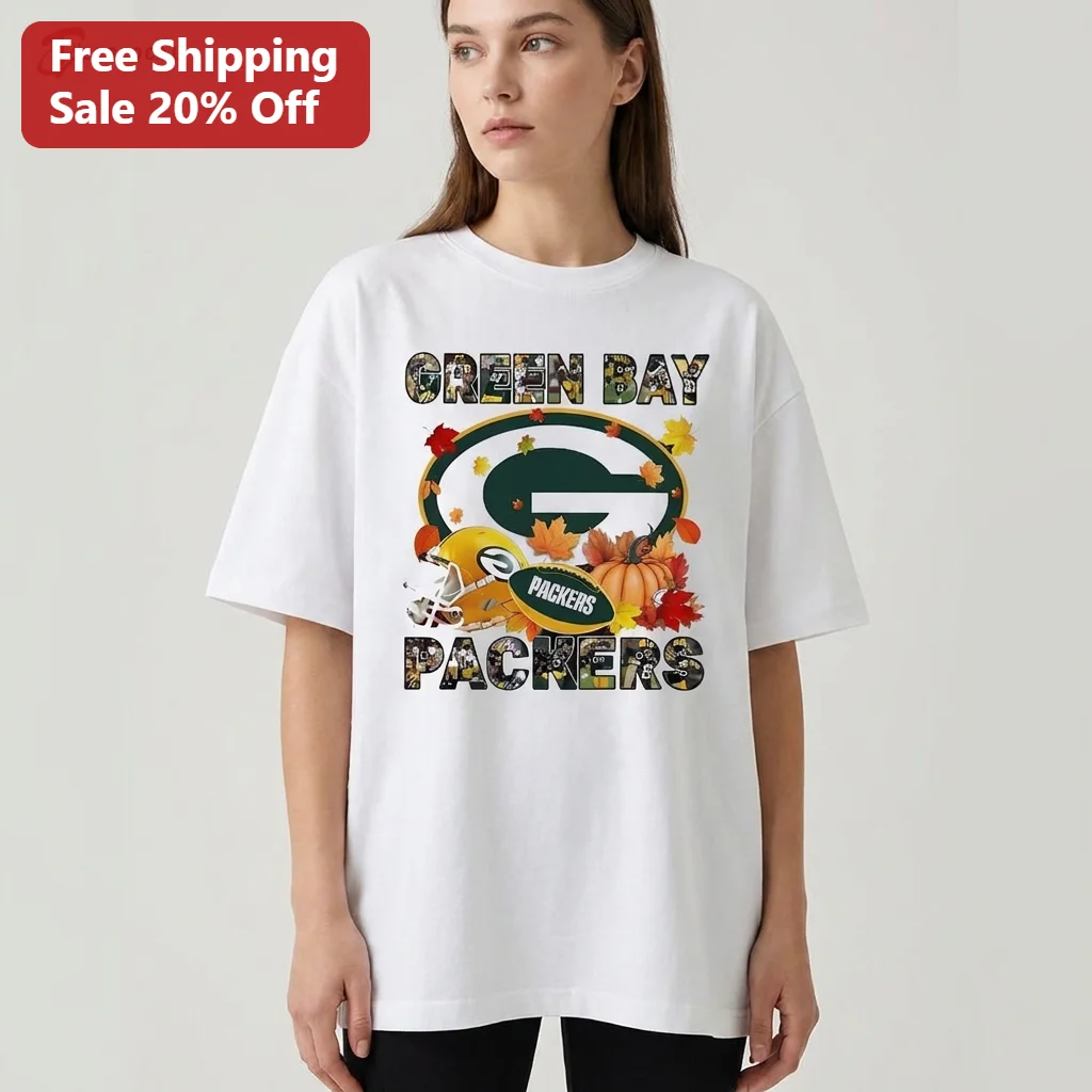 Green Bay Packers Fall Season Graphic Tee, Autumn Pumpkin Football Helmet Game Day Shirt for Men and Women