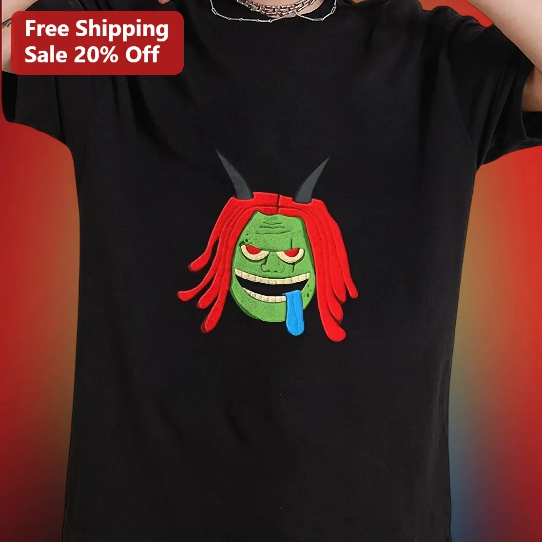 Green Goblin Chenille Applique Tee Streetwear Monster Graphic Shirt