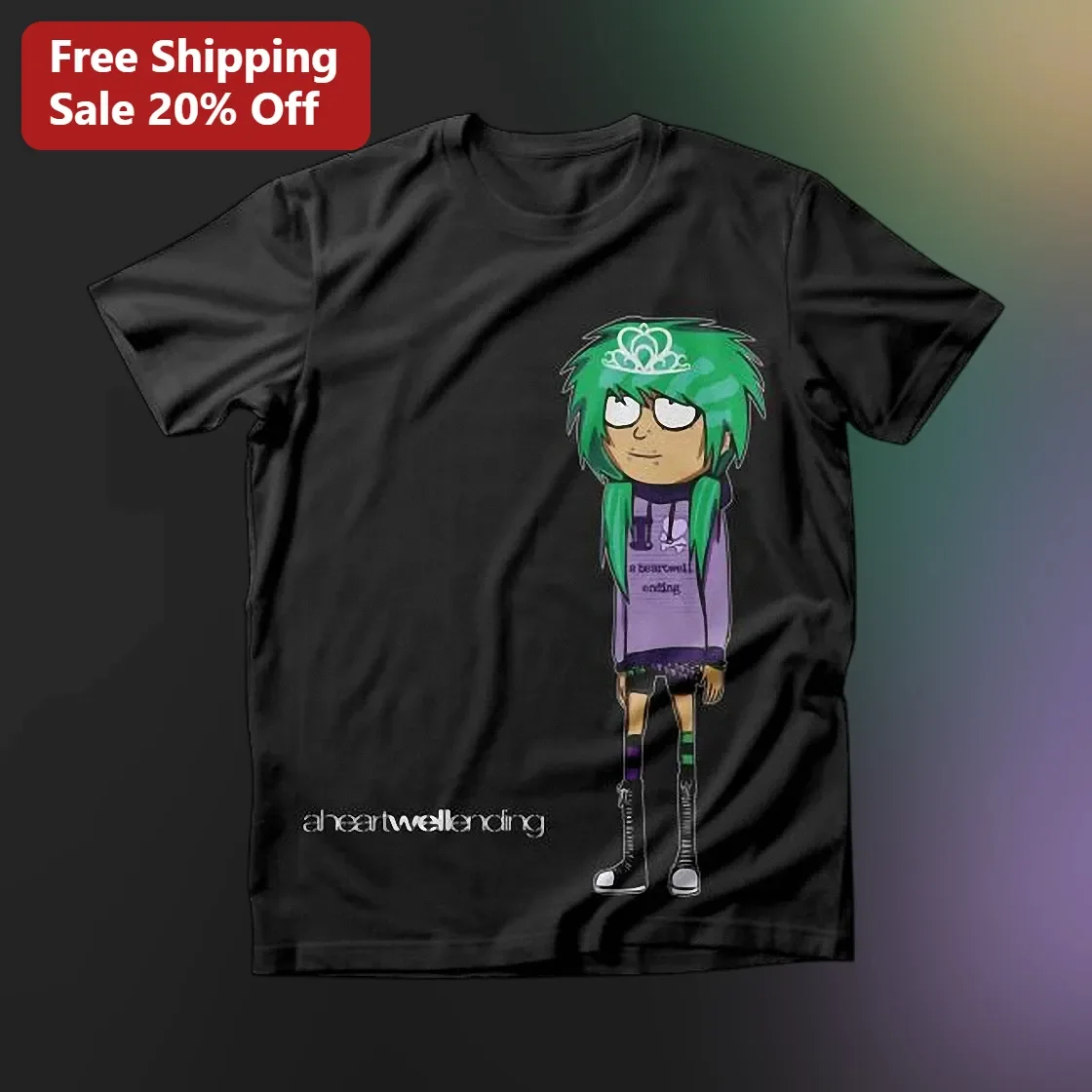 Green Hair Emo Girl Cartoon Graphic Tee Alternative Scene Aesthetic Shirt