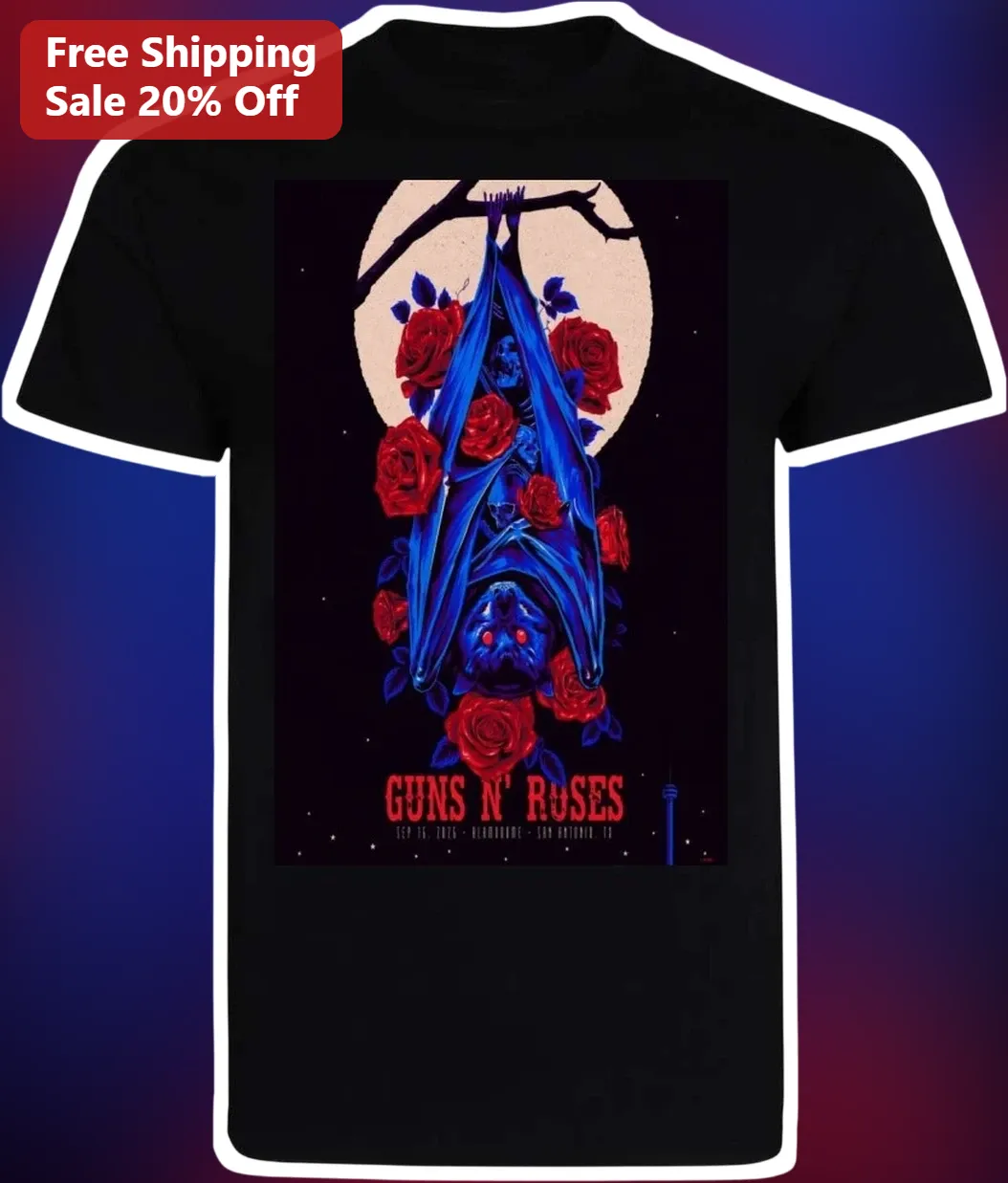 Guns N' Roses Gothic Bat and Moon Graphic Tee for Rock Fans
