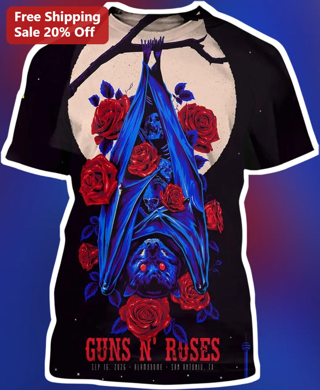 Guns N Roses San Antonio Alamodome Concert Tee Sep 16 2026 Gothic Bat Rose Raglan Shirt