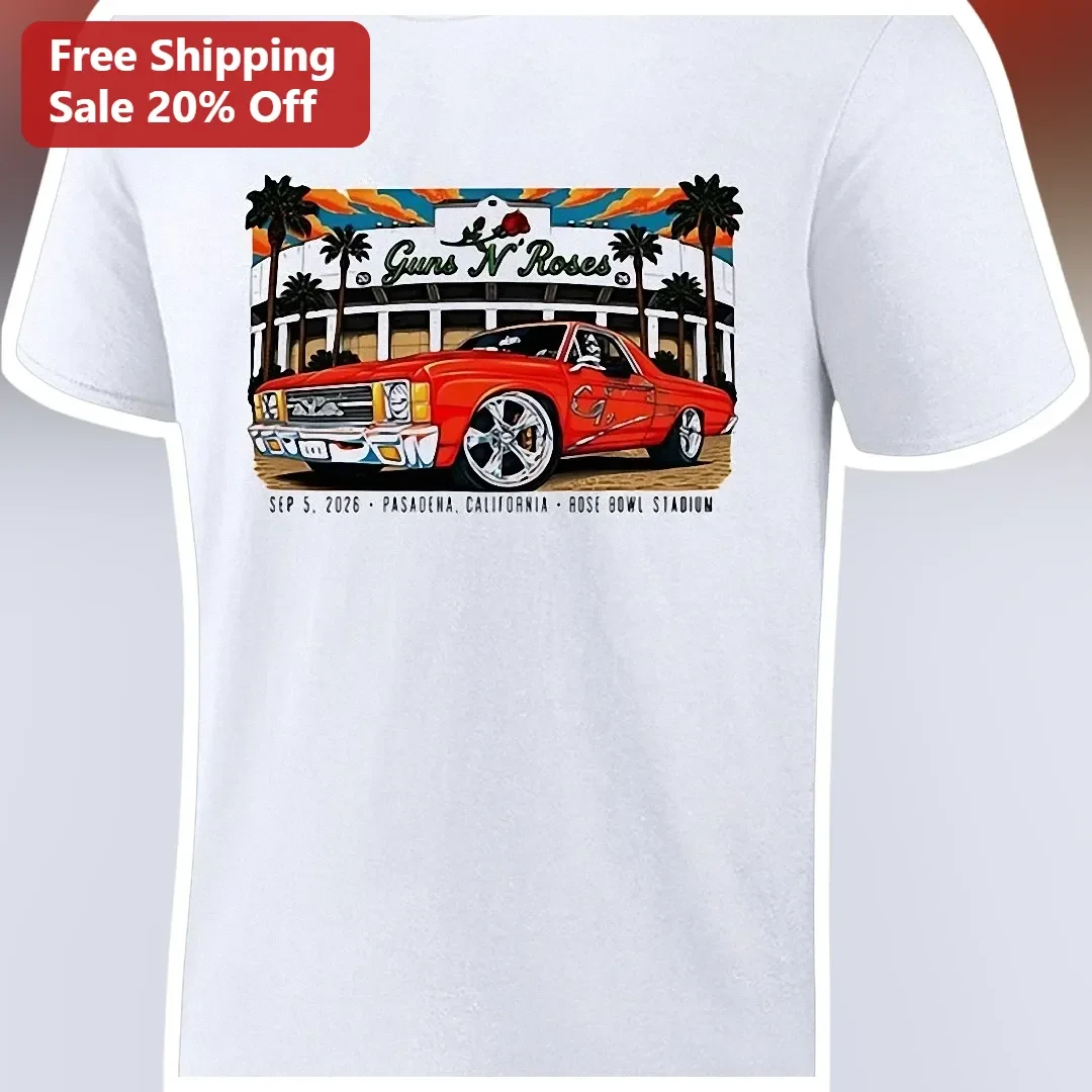 Guns N' Roses Tee Vintage Lowrider Rose Bowl Sunset Graphic T-Shirt for Rock Fans