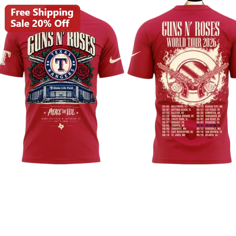 Guns N Roses World Tour 2026 Texas Rangers Mashup Graphic Tee