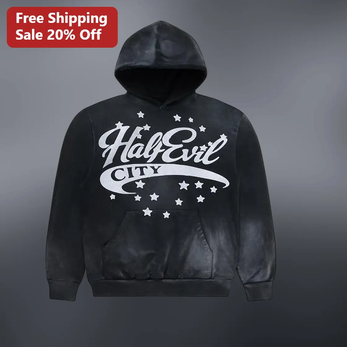Half Evil City Hoodie Black Acid Wash Streetwear Pullover