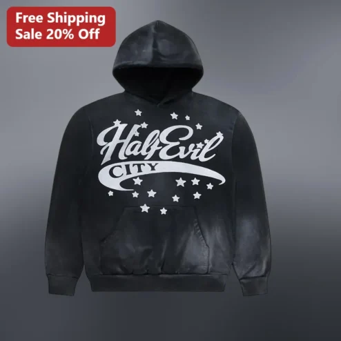 Half Evil City Hoodie Vintage Acid Wash Grunge Streetwear Pullover for Men