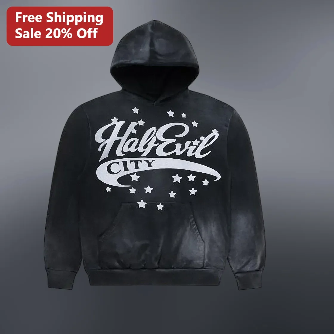 Half Evil City Hoodie Vintage Acid Wash Grunge Streetwear Pullover for Men